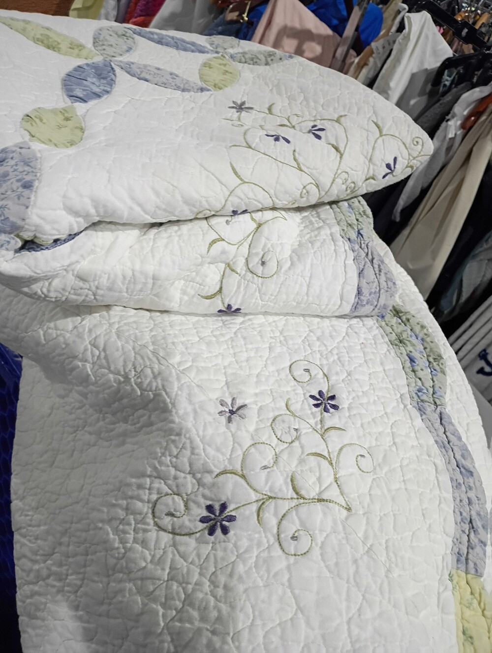 HEAVY VINTAGE Quilted Floral Bedspread with Lavender and Light Green Embroidery